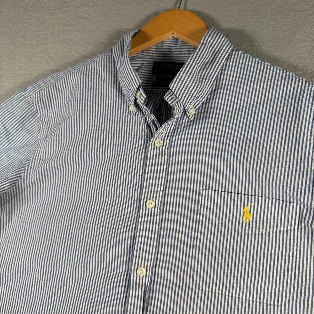 Polo Ralph Lauren Men Blue White Seersucker Short Sleeve Button Down Shirt Large